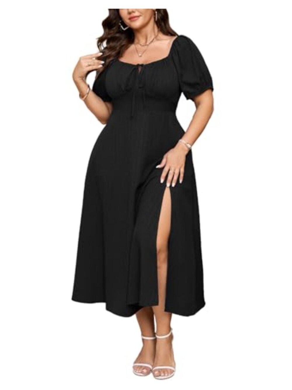 Plus Size Maxi Dress Square Neck Tie Front A-Line Pockets